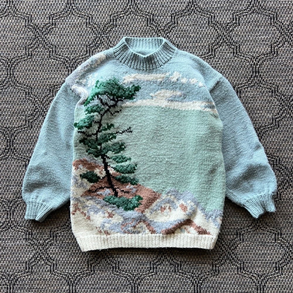 Vintage Knit Sweater Womens Medium Blue Pine Tree Handmade Scenic Mock Neck